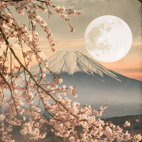 Full Moon over Mount Fuji with Cherry Blossoms