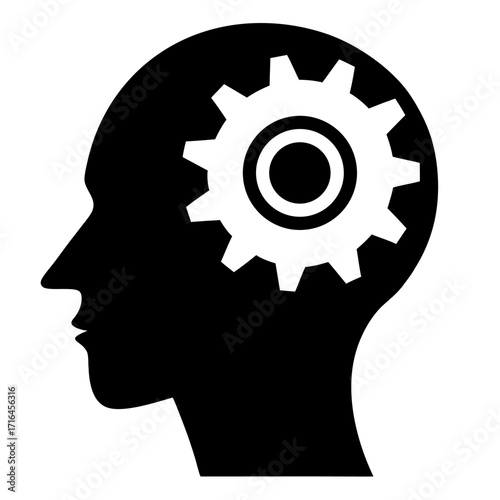 Human head silhouette with interlocking gears symbolizing thought and innovation