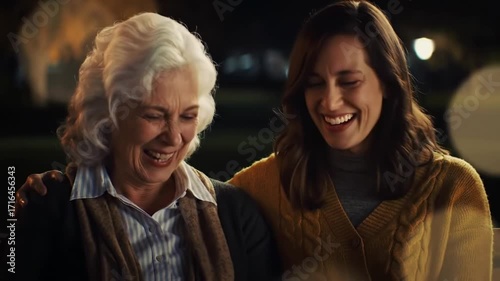 Two women laughing outdoors night