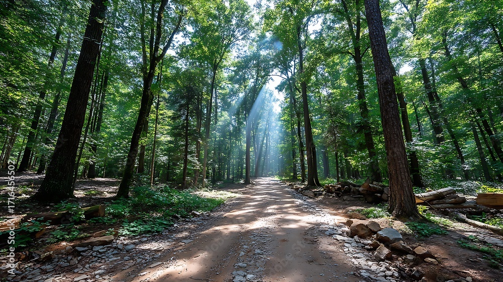 Fototapeta premium Sunbeams pierce the dense green canopy illuminating a dirt path through a sun dappled forest