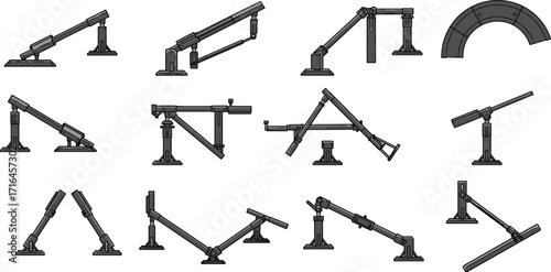 Collection of industrial mechanical arms, hydraulic lifting structures, engineering equipment illustrations, robotic construction tools, automation devices, heavy machinery components, vector design