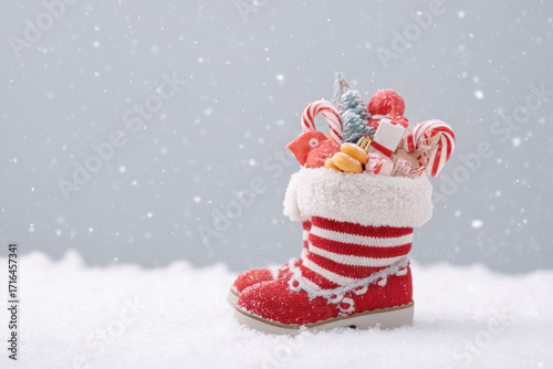 festive santa boot filled with gifts and holiday treats sits prominently against snowy landscape