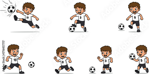 Cartoon boys playing soccer, children running with football, sport activity illustration, energetic kids exercising, outdoor game, teamwork, fun exercise, healthy lifestyle drawing