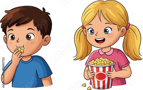 Cartoon boy and girl eating popcorn together, cute children enjoying snacks, fun movie night illustration, happy kids holding popcorn bucket