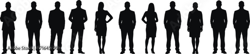 Row of business people silhouettes in formal suits, corporate team concept, professional staff illustration, leadership, teamwork and office management icons