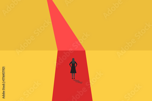 Business woman follow a path for business opportunities. visionary leadership different business routes. Symbol of ambition, motivation and long road ahead