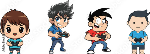 Cartoon boys playing video games, holding controllers, gamer characters illustration, kids gaming, fun activity, esports concept, entertainment, technology lifestyle