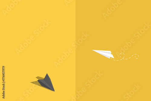 Paper plane rise and fall. concept of financial life disaster creative clipart launch fall of hope