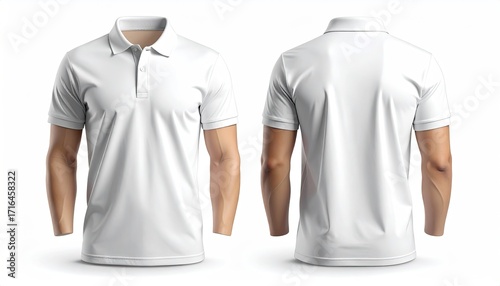 Front and back views of a blank white polo shirt.  Realistic 3D model,  showing  sleeves and  collared neckline.  Blank canvas for design mockups