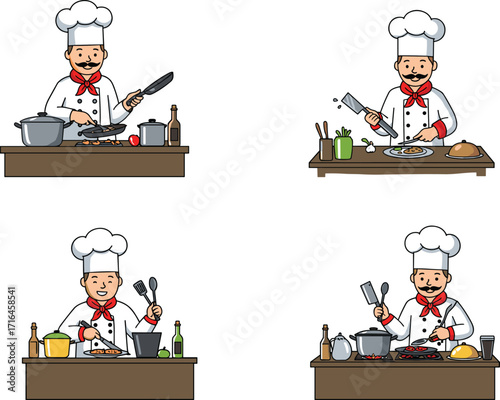 Cartoon chefs cooking in kitchen, professional cooks preparing food, restaurant culinary characters, kitchenware, gastronomy illustration, chef uniform, cuisine preparation