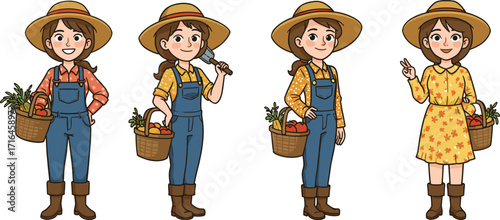 Cartoon female farmer character with basket of vegetables, gardening tools, farm girl in hat, agriculture illustration, harvest, healthy organic food