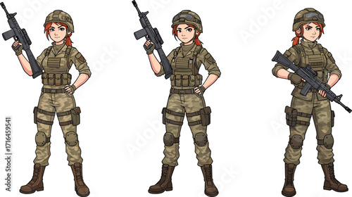 Cartoon female soldiers in camouflage uniform, women army characters with rifles, tactical gear, military combat illustration, strong fighter, defense vector