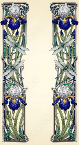 An ornate Art Nouveau border design, with large, stylized iris flowers in the corners and elegant dragonflies on the sides, intricate flowing whiplash lines made of polished silver and enamel