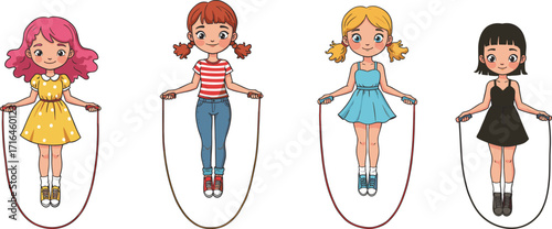 Cartoon girls jumping rope, children playing outdoors, happy kids exercise, skipping rope activity, healthy lifestyle, fun childhood fitness, sport illustration