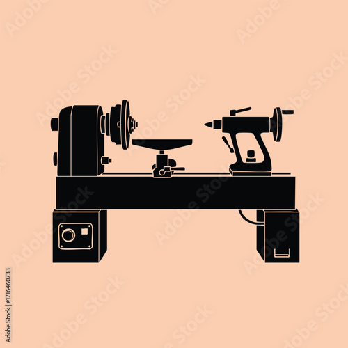 Black silhouette of a wood lathe machine with a mounted tool on a background in vector style