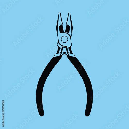 Black and blue illustration of a pair of pliers with curved handles on a solid light blue background