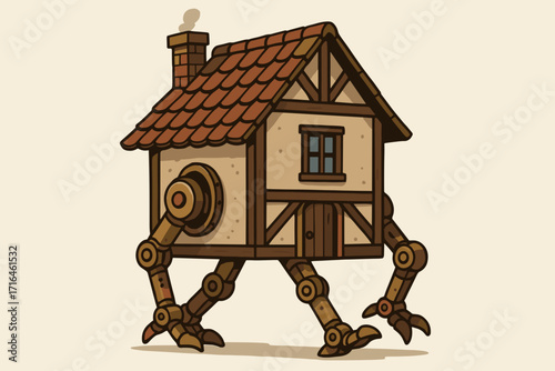 Whimsical mechanical house with legs in playful design for imaginative concept