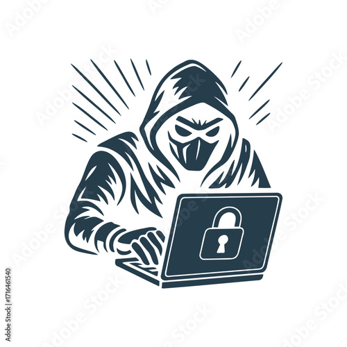 A hacker with a laptop, symbolizes cybersecurity threats and digital privacy concerns in a modern, stylized illustration.