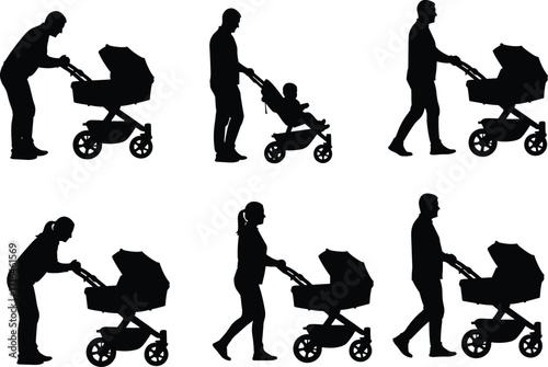 Silhouette family with stroller, parents walking, mom and dad, baby carriage, child care, parenting concept, lifestyle vector, shadow illustration, design