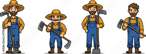 Cartoon male farmer holding farming tool, agriculture worker character, rural lifestyle, agriculture illustration, farm man, harvest concept, gardening labor