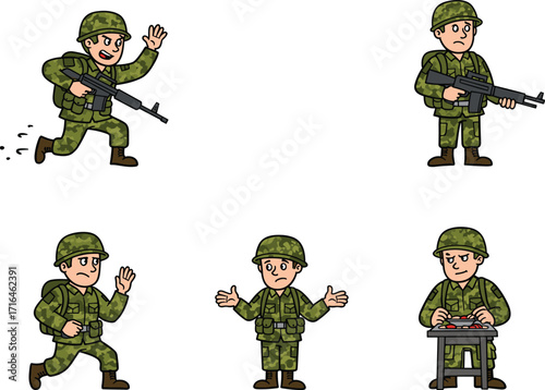 Cartoon male soldiers in green camouflage uniform, army characters with rifles, military training, combat, marching, eating food, tactical illustration, defense