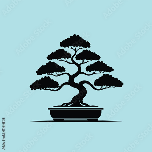 Silhouette of a stylized bonsai tree with curved branches and dense foliage in a shallow pot on blue background