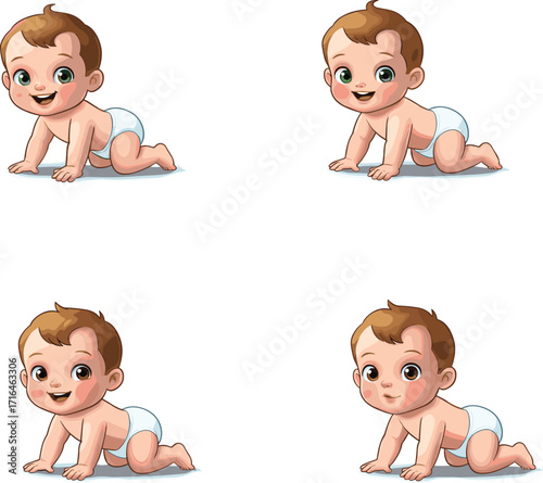 Cute cartoon baby crawling in diaper, happy infant character illustration, adorable newborn child, smiling toddler playing, childhood vector art design