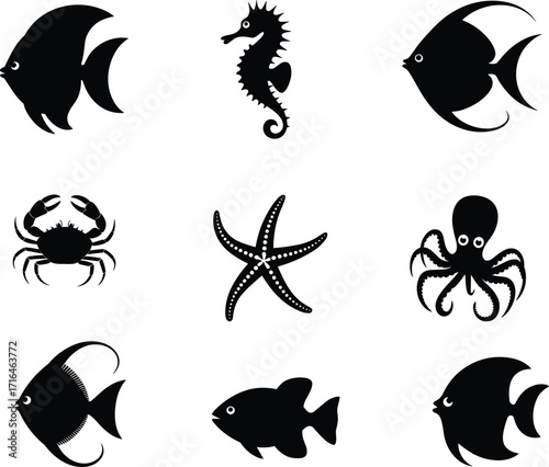 Sea life silhouettes, ocean animals, fish, seahorse, octopus, crab, starfish, marine life, underwater, aquatic, vector illustration, black outline, sea creature, 