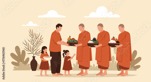 Buddhist monks receive alms from people including children on a calm day