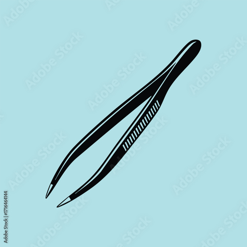 Black metal tweezers with fine tips isolated on a light blue background for precision tasks and grooming