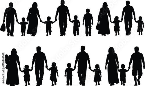 Family silhouette set with parents and children walking together, vector illustration, happy family icons, parenting design, people clipart collection