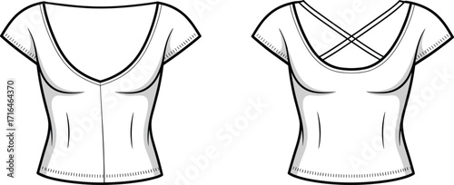 Fashion flat sketch of women crop top with deep v neck and criss cross back, vector apparel design, blank clothing template