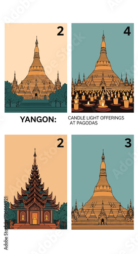 Collection of Illustrated Myanmar Pagodas and Candle Light Offerings in Yangon