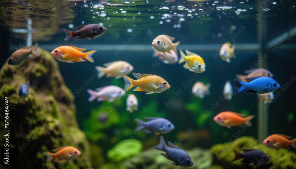 Naklejka premium Colorful Freshwater Fish Swimming in a Vibrant Aquarium Scene