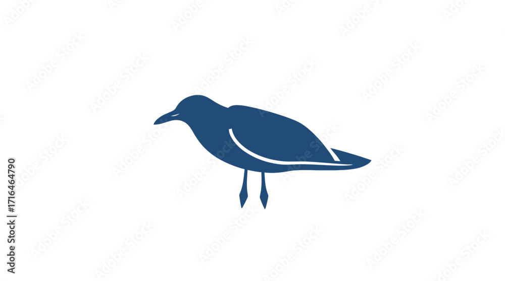 Fototapeta premium A stylized, dark blue silhouette of a seagull standing against a plain white background.