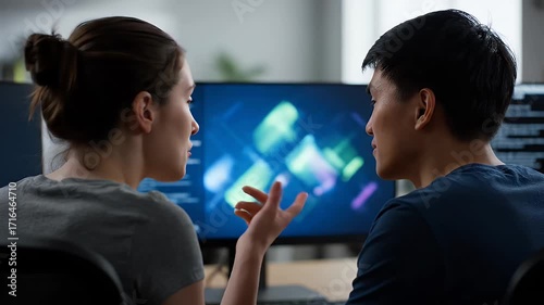 Two people are looking at a computer monitor with a colorful image on it. They seem to be discussing the image or its content
