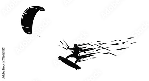 Dynamic silhouette of a kitesurfer riding a wave with speed lines indicating motion
