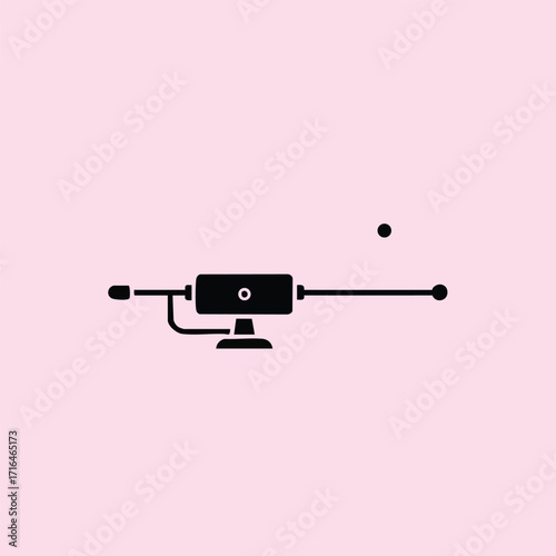 Minimalistic black silhouette of a fishing rod with reel and bobber on a soft pink background illustration