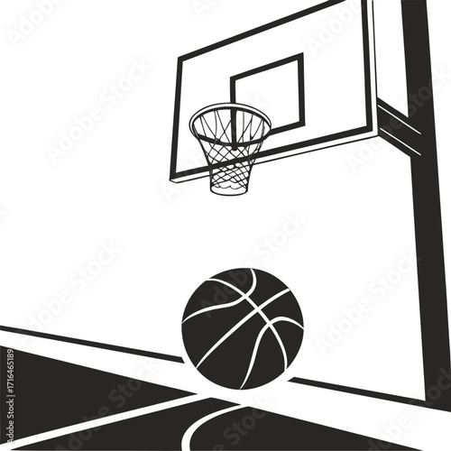 Basketball hoop and ball with net on white background outdoor court
