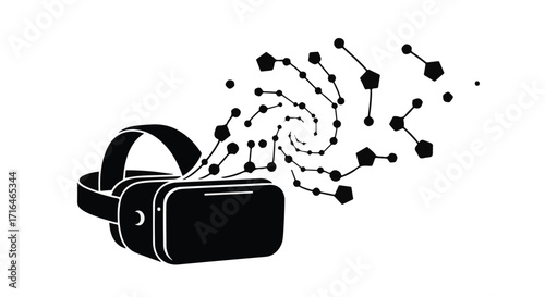 Immersive virtual reality headset projecting digital data stream into futuristic cyberspace