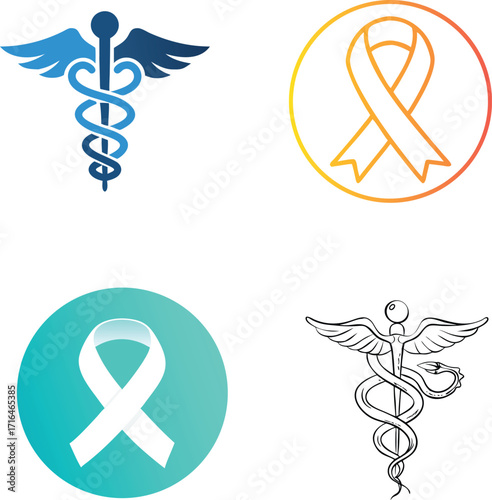 Medical caduceus symbols and awareness ribbons for health and support vector