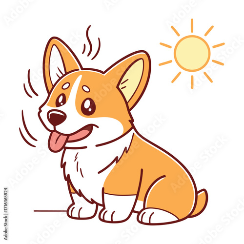 Cute cartoon pembroke welsh corgi dog panting and feeling hot under a bright yellow sun on a white background illustrating summer heat and discomfort