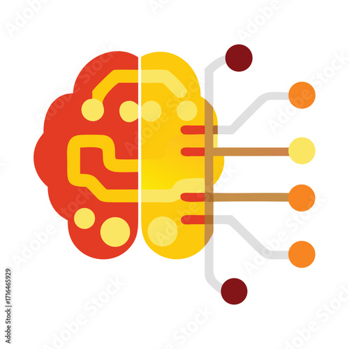 Abstract digital illustration of a stylized brain split into two halves representing artificial intelligence and organic human thought processes connected by circuits and data streams