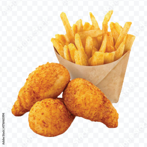 realistic 3d delicious fast food icons (fried chicken,  pizza slice , french fries ) set isolated on transparent background
