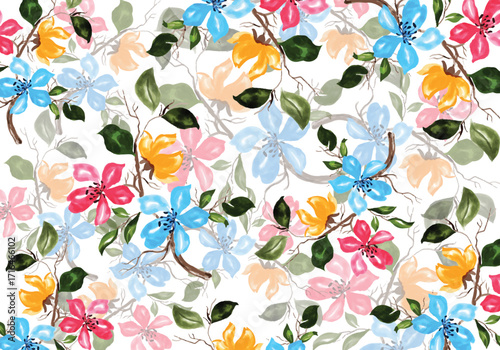 seamless allover abstract floral pattern with abstract blue background flowers texture,Digital textile design