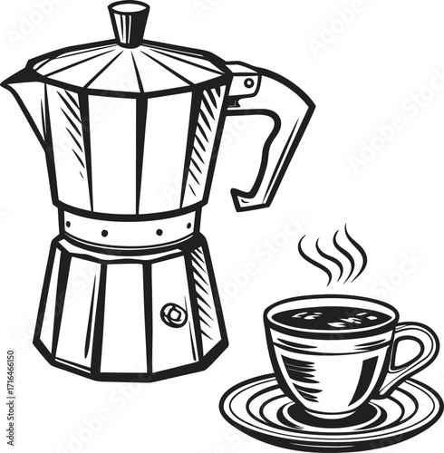 Vintage silver coffee maker and glass cup on a white isolated background