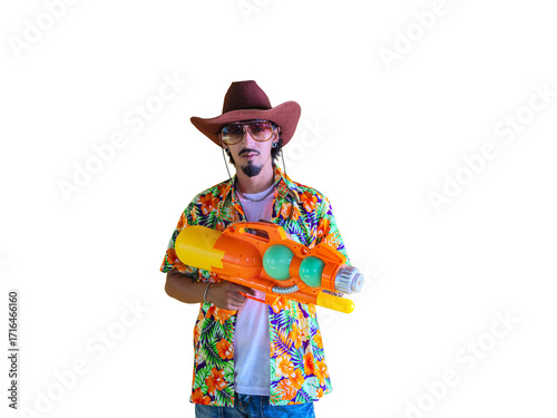 man wearing  cowboy hat holding a large water gun against a bright yellow wall, playful and vibrant mood, perfect for Songkran festival, summer party,holiday celebration  on transparent background