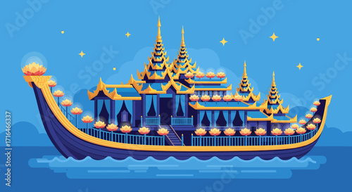 Elaborate Royal Barge with Intricate Gold and Blue Temple Structures Floating