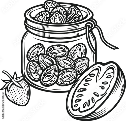 A seamless vintage food illustration set with a vector sketch drawing of plum jam and olives