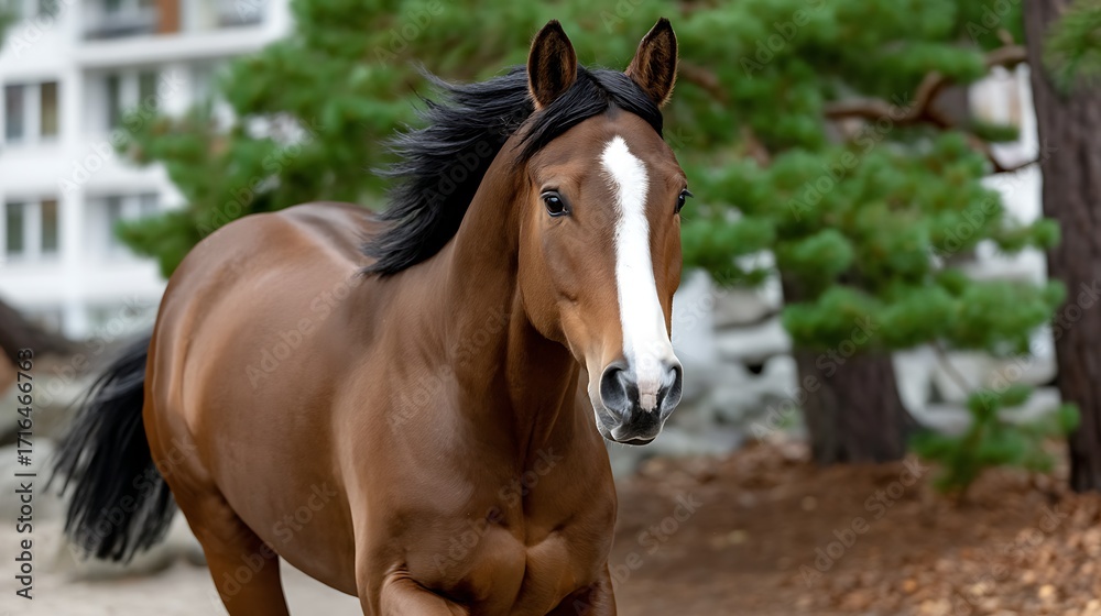 Obraz premium Graceful Brown Horse Running Freely Near Trees in a Natural Outdoor Environment